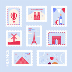 Set of vintage postage stamps Paris, France vector postcard. Travel to France Eiffel Tower, Seine, Arc de Triomphe, city view