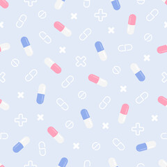 Seamless pattern on a medical theme. Treatment with vitamin tablets. Vector illustration