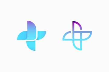 Modern medical logo. Blue and purple geometric linear rounded cross. Health sign. Infinity icon. Style isolated on light background. Flat vector logo template element.