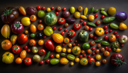 Vibrant, multi colored vegetable collection on wood table for healthy eating generated by AI