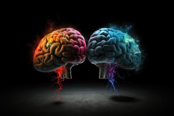 Concept of Two creative brains, red brain, blue brain, right hemisphere, left hemisphere, right brain, left brain, Creative multiple colors brain hemispheres, neural connections, brain neuropsychology