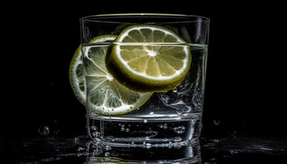 Fototapeta na wymiar Glass of cold lemon soda with fresh citrus slice and ice generated by AI