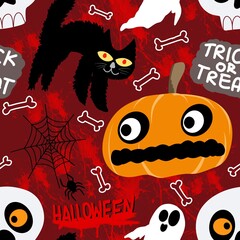 Halloween seamless pattern - creepy pumpkin lanterns with scary faces, traditional holiday halloween symbols ,seamless texture