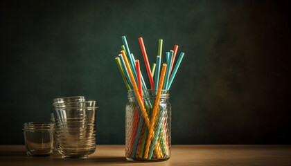 Multi colored cocktail on wooden table with yellow and blue backgrounds generated by AI