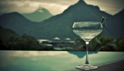 Wineglass on table, outdoors in nature, with mountain backdrop generated by AI