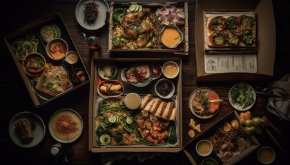 Fototapeta na wymiar Healthy eating meal grilled meat, seafood, vegetable, rice, salad, soup generated by AI