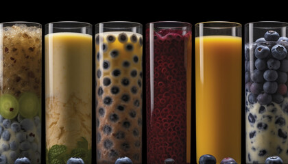 Variety of healthy snacks and drinks on transparent table background generated by AI