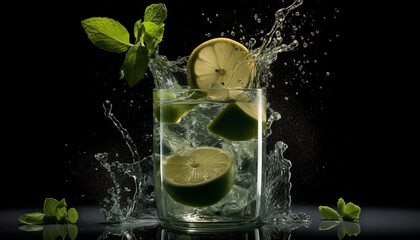 Juicy citrus slice drops into refreshing mojito cocktail with mint leaf generated by AI