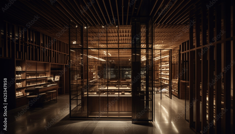 Poster modern library with futuristic design, illuminated bookshelves and vanishing point generated by ai