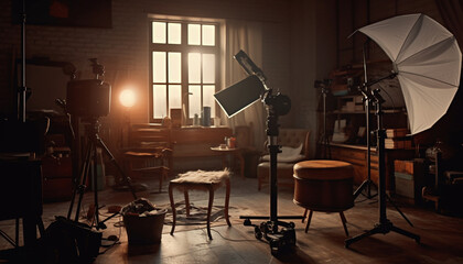 Modern studio shot with illuminated stage and professional photographic equipment generated by AI