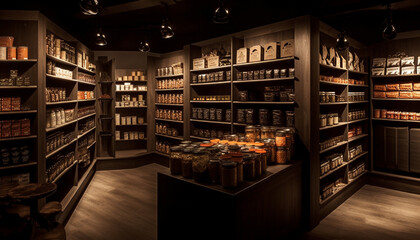 Obraz premium Dark wood bookshelf illuminates large collection of old literature indoors generated by AI