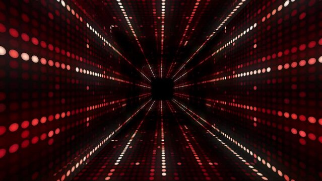 digital zoom effects video with stylized glowing small dots pattern walls. Futuristic modern red background animation.