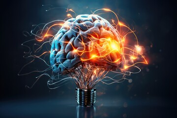 human brain light bulb with fire, long-term memory, storage of information, short-term memory, mind processing informations and stimuli, brain's neurons fire, deep learning and remembering  process