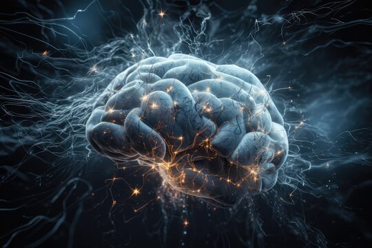 3d illustration of brain render, Neurotransmitters in the CNS and PNS, brain, Frontal lobe, Parietal lobe, brain anatomical, Cerebellum, Brain stem, Medulla oblongata, longevity, brain research, mind