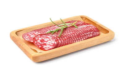 Wooden board with slices of tasty salami on white background
