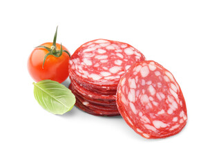 Slices of tasty salami on white background