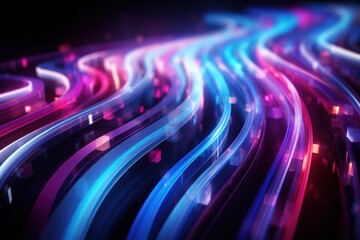 Neon light geometric objects background. abstract futuristic background with pink blue glowing neon moving high speed wave lines and bokeh lights. Data transfer concept. Made With Generative AI. 