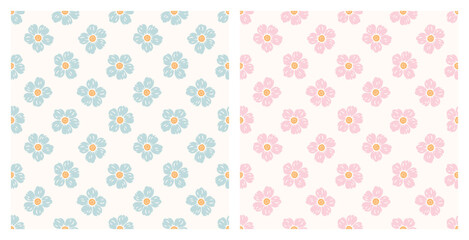 Two Vector Summer Floral Seamless Patterns. Flowers of Strawberry or Fruit Tree Flower such as Cherry, Pear, Plum or Apple tree. Great for Textile, Wrapping Paper, Packaging etc. Blue and Pink colors