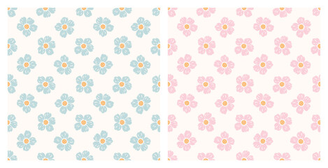 Two Vector Summer Floral Seamless Patterns. Flowers of Strawberry or Fruit Tree Flower such as Cherry, Pear, Plum or Apple tree. Great for Textile, Wrapping Paper, Packaging etc. Blue and Pink colors