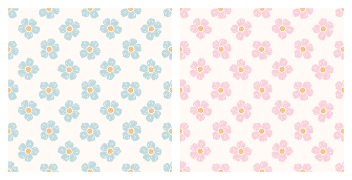 Two Vector Summer Floral Seamless Patterns. Flowers of Strawberry or Fruit Tree Flower such as Cherry, Pear, Plum or Apple tree. Great for Textile, Wrapping Paper, Packaging etc. Blue and Pink colors