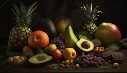 Fresh and colorful fruit collection on wooden table for healthy eating generated by AI