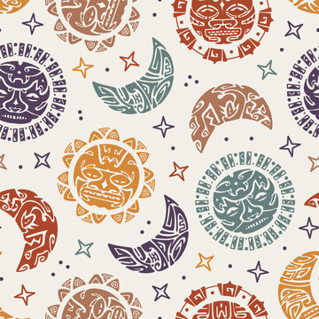 Angry Sun and Moon Faces tribal pattern. Maori Tattoo Ornament Seamless Pattern. Ethnic Mask. Vector illustration
