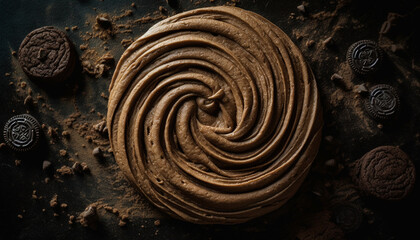Indulgent homemade chocolate cookies with a spiral pattern on wood generated by AI
