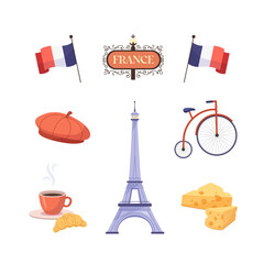 Illustration with French landmarks, food and plants.