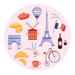 Illustration with French landmarks, food and plants.