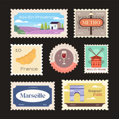 Set of vintage postage stamps Paris, France vector postcard. Travel to France Eiffel Tower, Seine, Arc de Triomphe, city view