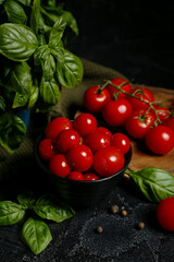 Bowl with canned tomatoes and basil on black background