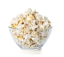 Glass bowl with tasty popcorn on white background