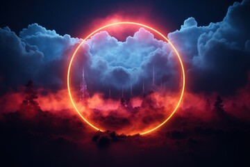 Neon Circle in a Clouds. Neon Light Geometric Objects. Abstract of Glowing Clouds Circle Frame Illuminated With Neon Light on Sky View. Made With Generative AI. 