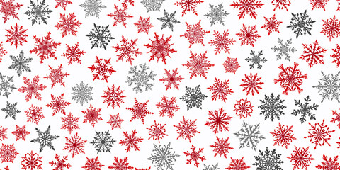 Christmas background of beautiful complex snowflakes in red, gray and white colors. Winter illustration with falling snow