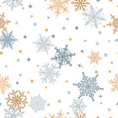 Christmas seamless pattern of beautiful complex snowflakes in gray, yellow and white colors. Winter background with falling snow