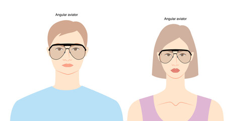 Obraz premium Angular Aviator frame glasses on women and men flat character fashion accessory illustration. Sunglass front view unisex silhouette style, rim spectacles eyeglasses with lens sketch outline isolated