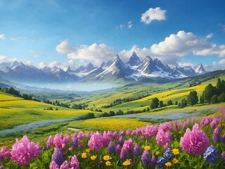 flowering fields, mountains, beautiful valley, magnificent view, beautiful blue sky, Generative AI