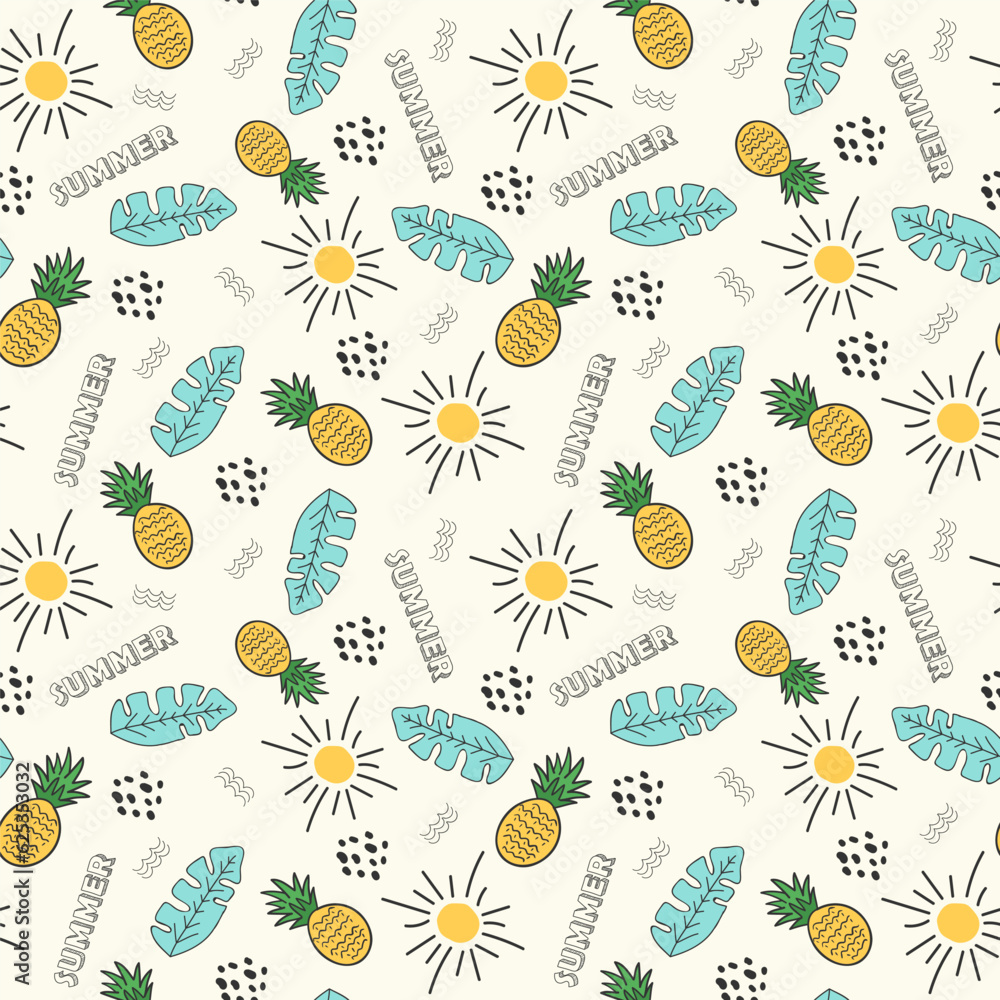 Poster hand drawn summer theme pattern background with text and summer element