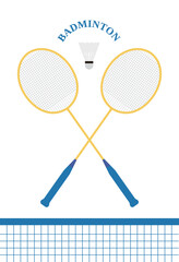 A set of badminton equipment rackets and shuttlecock illustrations. Badminton is a sport in which a shuttlecock is hit with a racket across a mat.