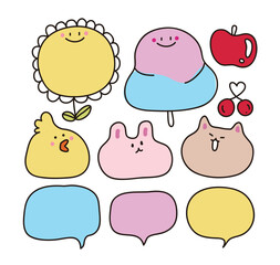 Doodle style hand drawn cute chick, rabbit, cat animal characters, sunflower, speech bubble, apple, cherry, cotton candy illustration set.