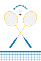 A set of badminton equipment rackets and shuttlecock illustrations. Badminton is a sport in which a shuttlecock is hit with a racket across a mat.