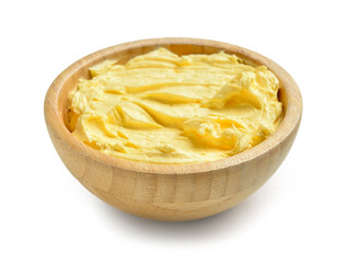 Bowl with fresh butter on white background