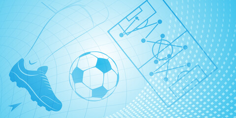 Abstract soccer background with big football ball and other sport symbols in light blue colors
