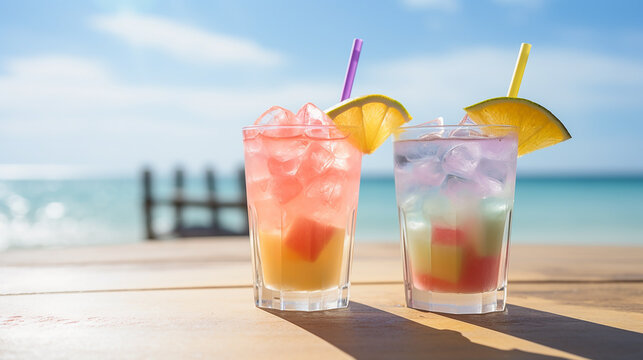 Couple of pastel ice-cold cocktails for a warm summer day on the beach