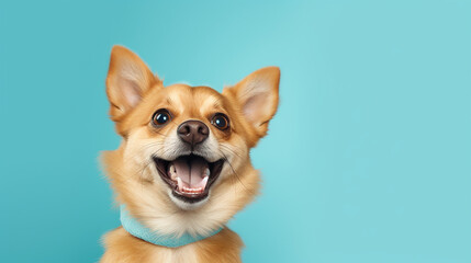 Small dog with mouth open on blue background, chihuahua