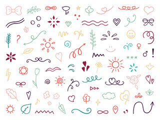 Abstract doodle elements. Hand drawn decorative illustrations in sketch style. Arrows, stars, flowers, hearts, decoration symbols and signs. Vector illustration isolated on white background.