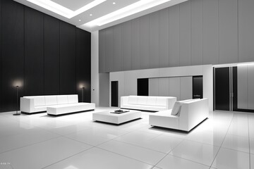 Interior of modern office waiting room with white walls, concrete floor, white computer tables and black armchairs. 3d rendering