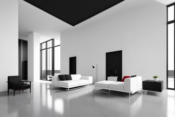 Interior of modern office waiting room with white walls, concrete floor, white computer tables and black armchairs. 3d rendering