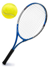 Blue Tennis racket and Yellow Tennis ball sports equipment isolated on white With work path.