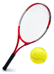 Red Tennis racket and Yellow Tennis ball sports equipment isolated on white With work path.